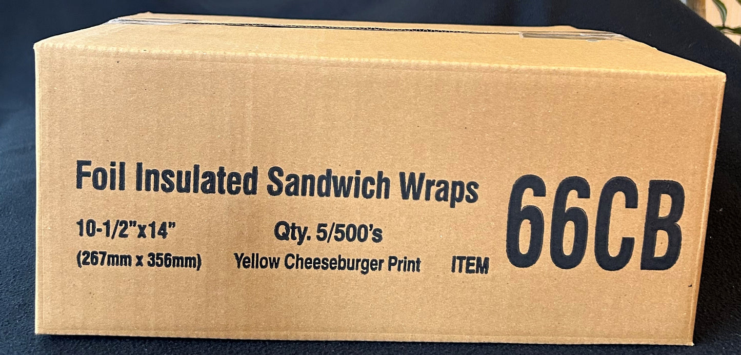 Yellow Cheeseburger Print Cushion Foil Sandwich Wrap, 10.5"" x 14"", 2,500 sheets per case packed 5/500's