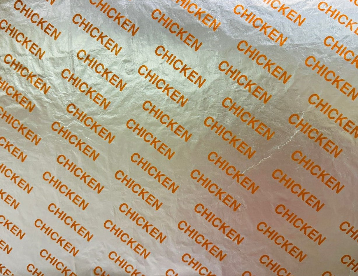 Chicken Print, Cushion Foil Sandwich Wrap, 10.5" x 14", 2,500 sheets per case packed 5/500's